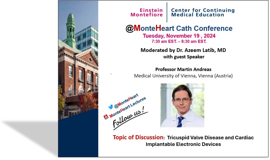 Montefiore Heart (@monteheart) on Twitter photo Join us tomorrow morning at 7:30 AM EST for Cath Conference with Prof. Martin Andreas!
Topic of Discussion: Tricuspid Valve Disease and Cardiac Implantable Electronic Devices
🔗 einsteinmed.zoom.us/j/94285430659
<a href="/azeemlatib/">Azeem Latib</a> <a href="/AndreaScotti21/">Andrea Scotti</a> Join us tomorrow morning at 7:30 AM EST for Cath Conference with Prof. Martin Andreas!
Topic of Discussion: Tricuspid Valve Disease and Cardiac Implantable Electronic Devices
🔗 einsteinmed.zoom.us/j/94285430659
<a href="/azeemlatib/">Azeem Latib</a> <a href="/AndreaScotti21/">Andrea Scotti</a>