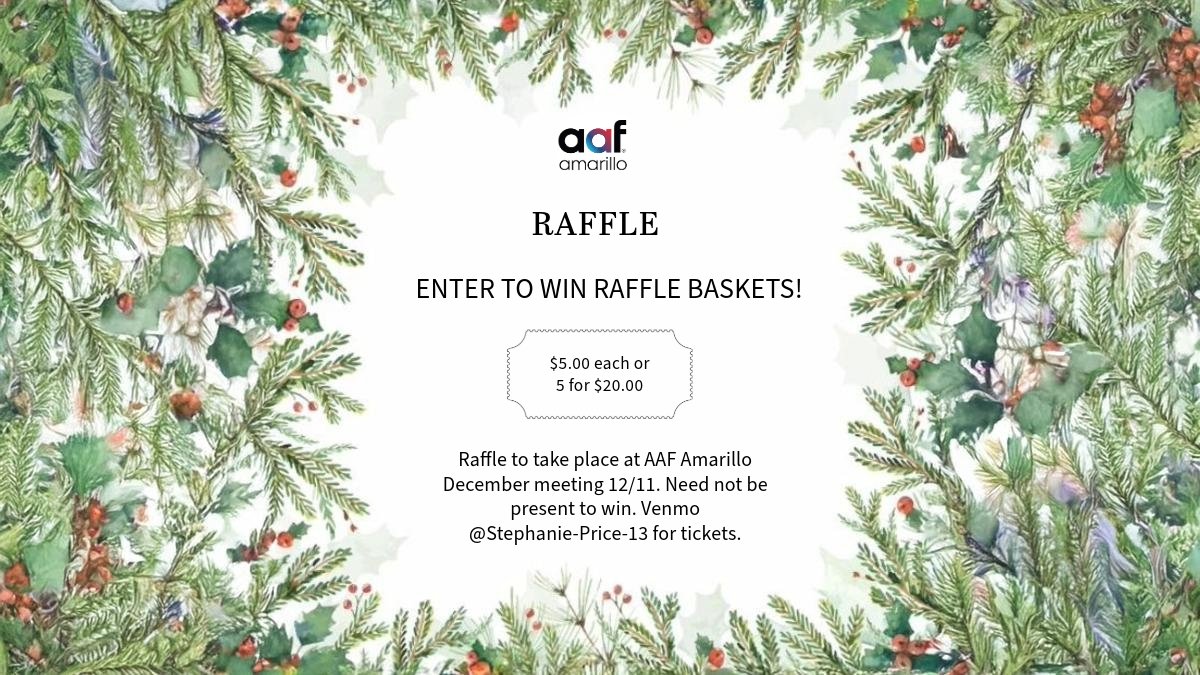 AAF_Amarillo's tweet photo. So many amazing baskets from beauty to grilling to books you are sure to have a winner! We are extending the raffle deadline to our December meeting on 12/11!
Raffle tickets are for sale online via Venmo until 12/11 at 11:30am. Raffles will happen on Dec 12th! #win #entertowin https://t.co/luOxlYsDFw