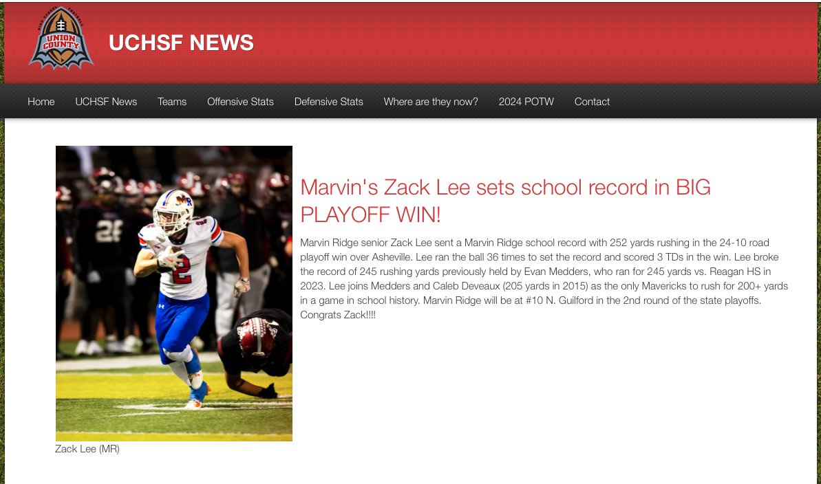 UCHSF NEWS: Mavericks Lee sets school record in road playoff win!!!
<a href="/ZachLee26_/">Zach Lee</a> <a href="/coach_carter77/">Aubrey Carter</a> <a href="/MavAthletics/">Marvin Ridge Athletics</a> <a href="/MarvinRidgeFB/">Marvin Ridge Football</a> <a href="/MarvinRidgeHSNC/">Marvin Ridge HS</a> 

UnionCountyHighSchoolFootball.com