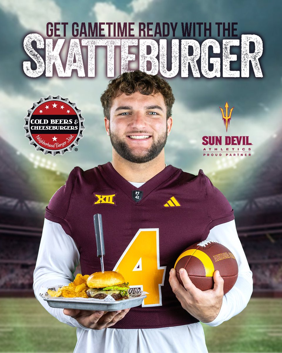 welovecoldbeers's tweet photo. Inspired by Sun Devil Running Back Cam Skattebo, introducing the Skatteburger. It packs bold flavors and a whole lot of ASU pride.

What’s Inside:
Pico | Roasted Jalapeno | Bacon | Chipotle Aioli | Pepper Jack | Lettuce | Tajín Avocado

#Skatteburger #CamSkattebo https://t.co/tVLicaczgA
