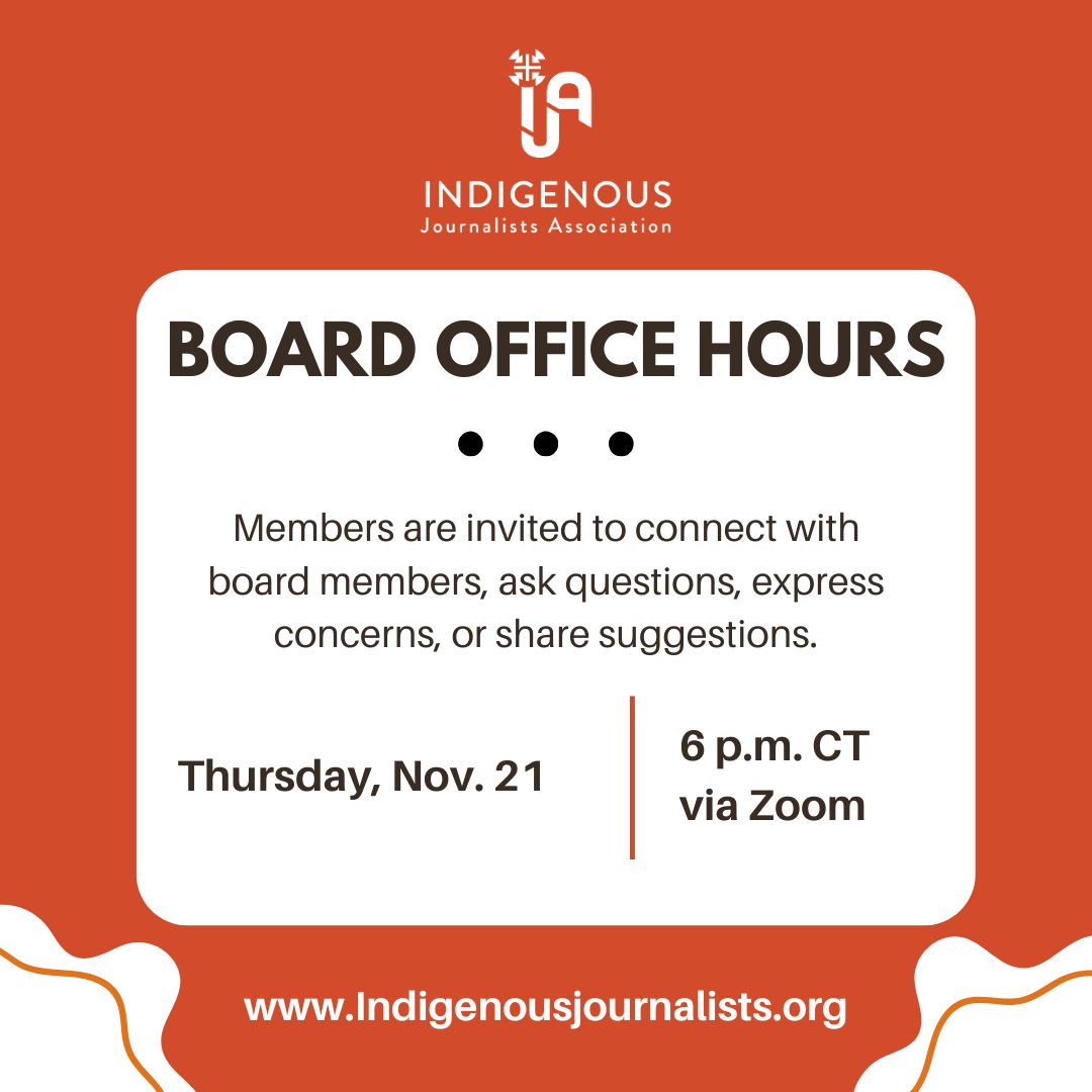 IndigenousJA's tweet image. 🗓️ @IndigenousJA Board of Directors is hosting one more drop-in “office hours” session and we’d love to see you there! Sessions are casual, open to IJA members, and a great way to connect with your board members. - tinyurl.com/2vebdkr8

#IndigenousJournalism #IJA