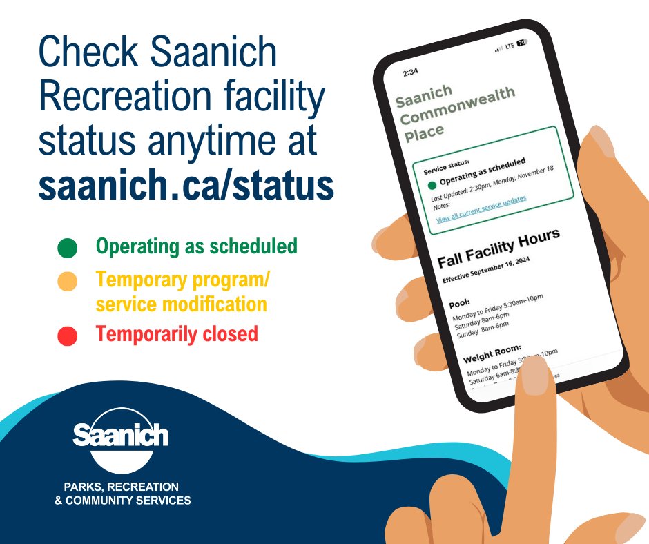 🌧️🌪️❄️With winter storms on the way, here's your friendly reminder to bookmark saanich.ca/status.
Easily find the most current information when weather or other challenges affect our operations. Closures and program changes are NOT posted to social media.
#bcstorm #yyj