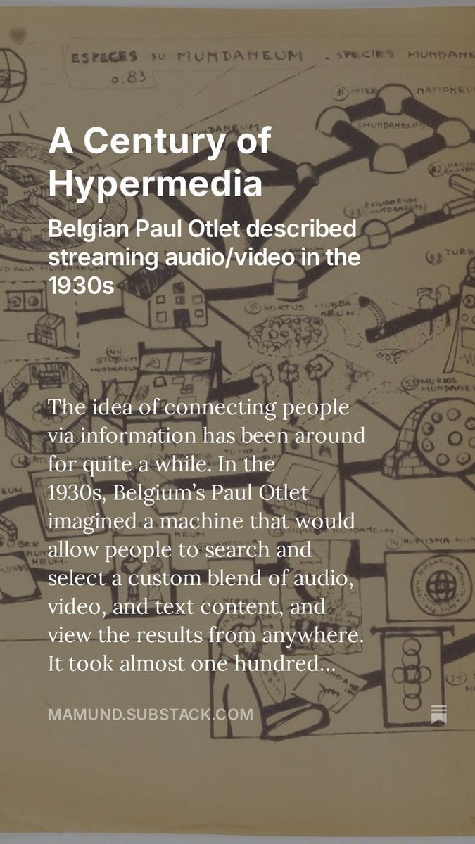 mamund's tweet image. A Century of Hypermedia 

mamund.substack.com/p/a-century-of…

&quot;Belgian Paul Otlet described streaming audio/video in the 1930s&quot;

#api360 #hypermedia #apiDesign