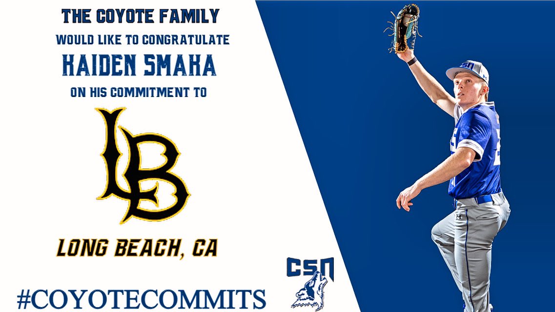CSN_Baseball's tweet photo. The Coyote Family is excited to congratulate Kaiden Smaka on his commitment to continue his academic and athletic career with Long Beach State University in Long Beach, CA.
🐺⚾️➡️⚫️🟡⚾️ #D1Bound #GoBeach #GoDirtbags #CoyoteCommits https://t.co/3gNEfpx99Z