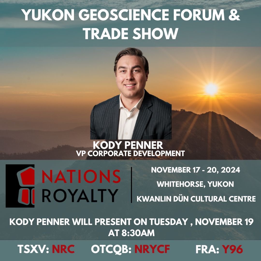 Nations_Royalty's tweet photo. VP Corporate Development, Kody Penner from the Tahltan Nation will be presenting his personal journey and the Nations Royalty story "Publicly Traded: The New Era of Economic Reconciliation" at #Yukongeoscience conference, Tuesday Nov. 19th at 8:30am
$NRC.V $NRYCF #InvestYukon https://t.co/alvMr6yOqH