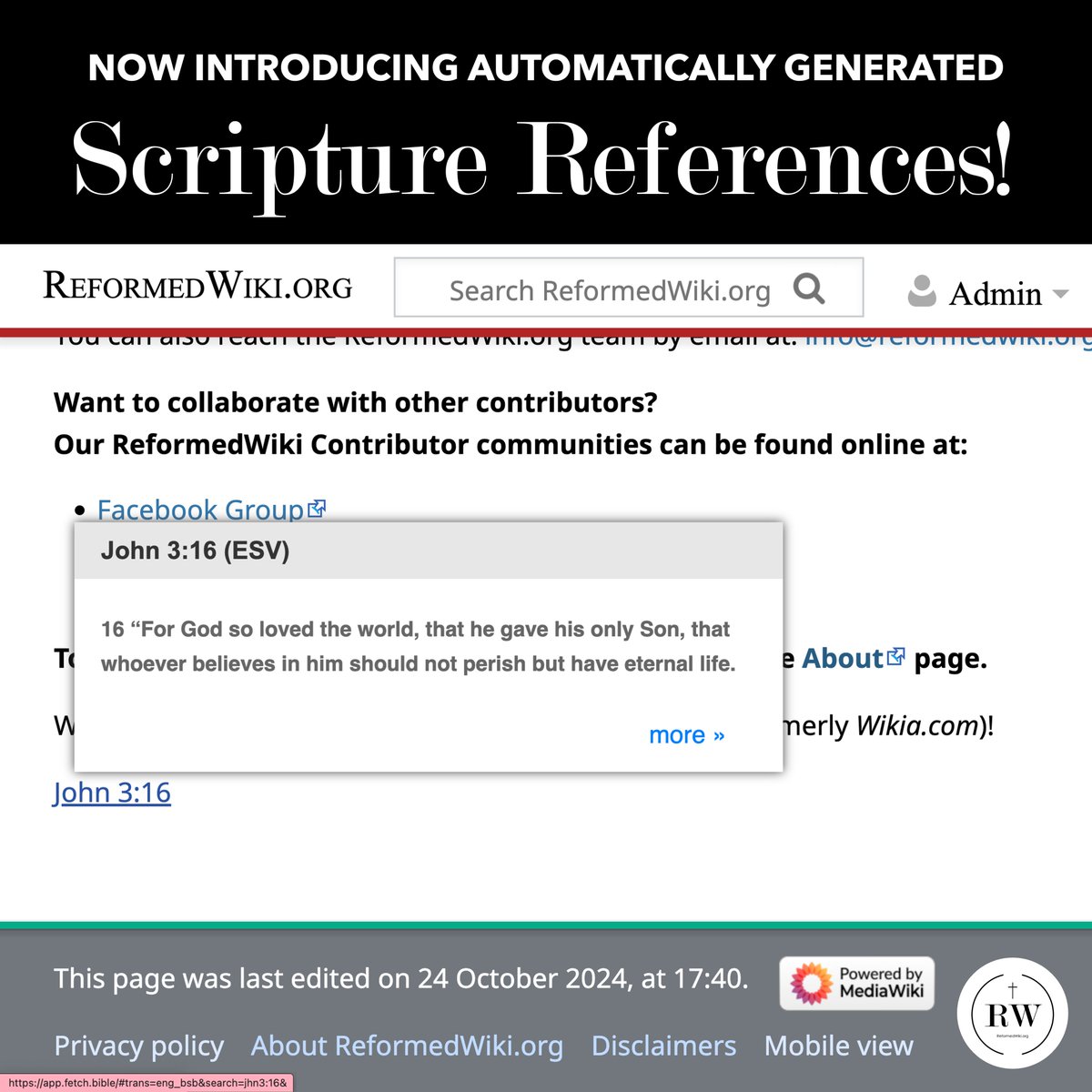 ReformedWiki's tweet image. Now introducing automated Scripture References on ReformedWiki.org thanks to Fetch.Bible - a free scripture reference tool for websites built by Gracious.Tech!
#ReformedWiki #Scripture #ScriptureReferences #Bible #GraciousTech #Christian #Christianity