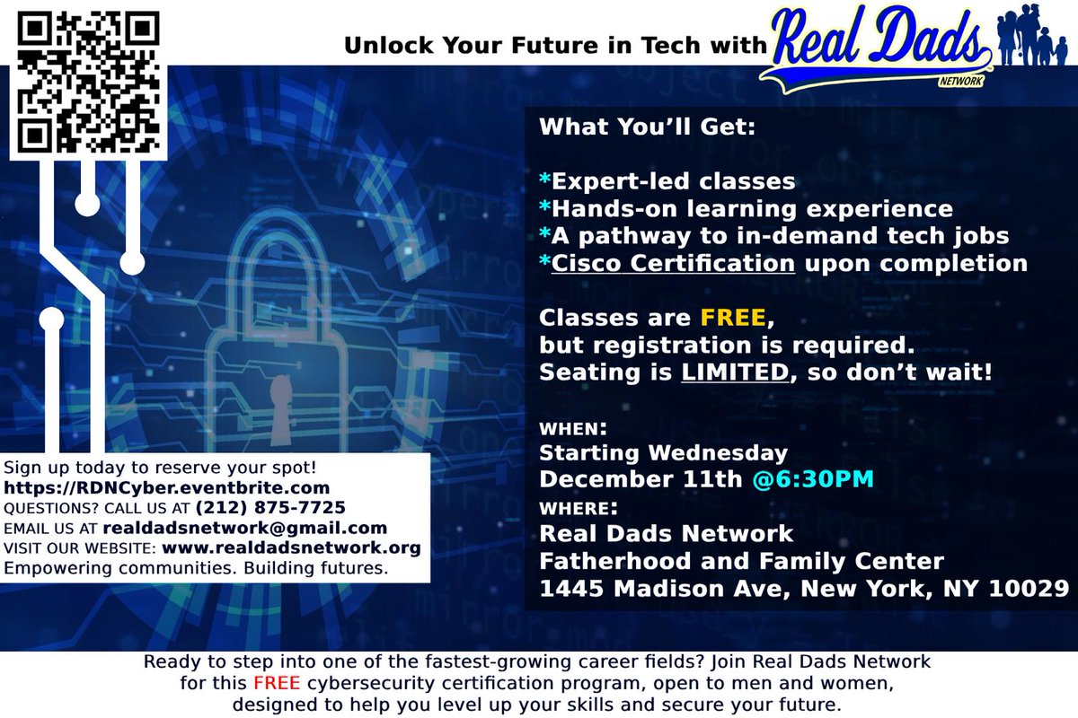 Unlock the future of tech with Real Dads Network starting December December 11th at the Real Dads Network’s Fatherhood and Family Center located at 1445 Madison Ave, New York , NY 10029