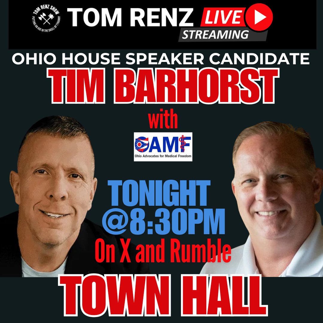 Thank you to Medical Freedom Champion Tom Renz for Hosting a LIVE town hall with OH Speaker Candidate Tim Barhorst so Ohioans have a chance to get to know the kind of #PeoplesSpeaker he will be! #TownHallWithTim 🇺🇸 
<a href="/barhorstforohio/">Tim Barhorst</a> <a href="/TimBarhorst/">Ti❌ Barh🅾️rst</a> <a href="/RenzTom/">Tom Renz</a> <a href="/StrictSpeaking/">Strictly Speaking Unfiltered with Bob Frantz</a>
