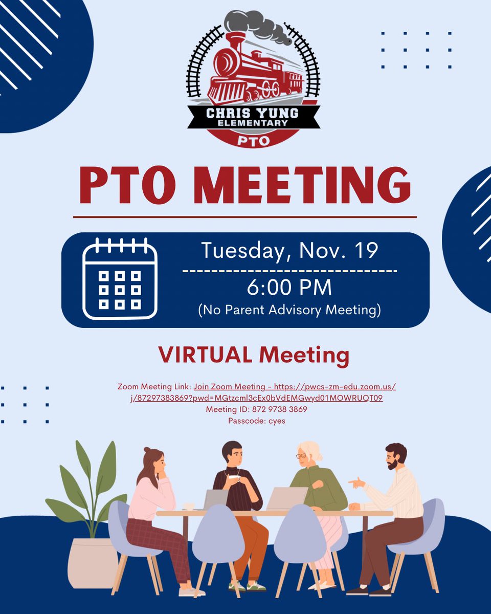 Tomorrow is our monthly PTO meeting! Normally there is a parent advisory mtg right before, but tomorrow will just be the PTO meeting, starting at 6:00 pm. It will also be a VIRTUAL meeting, NOT in person. We look forward to see you via zoom tomorrow!