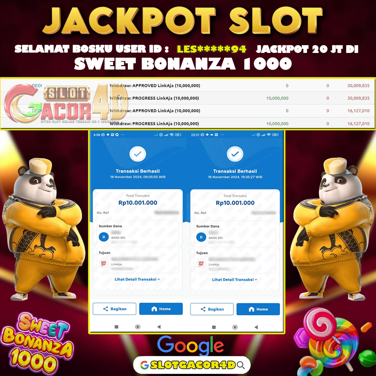 Slotgacor4dcom's tweet photo. Selamat Buat Bosku Les*****94 Yang Berhasil Jackpot 20 JT Di Permainan Slot Pragmatic Play - Sweet Bonanza 1000

Link : https://t.co/EkAcZCOAs6 https://t.co/F6JzQLvMgo