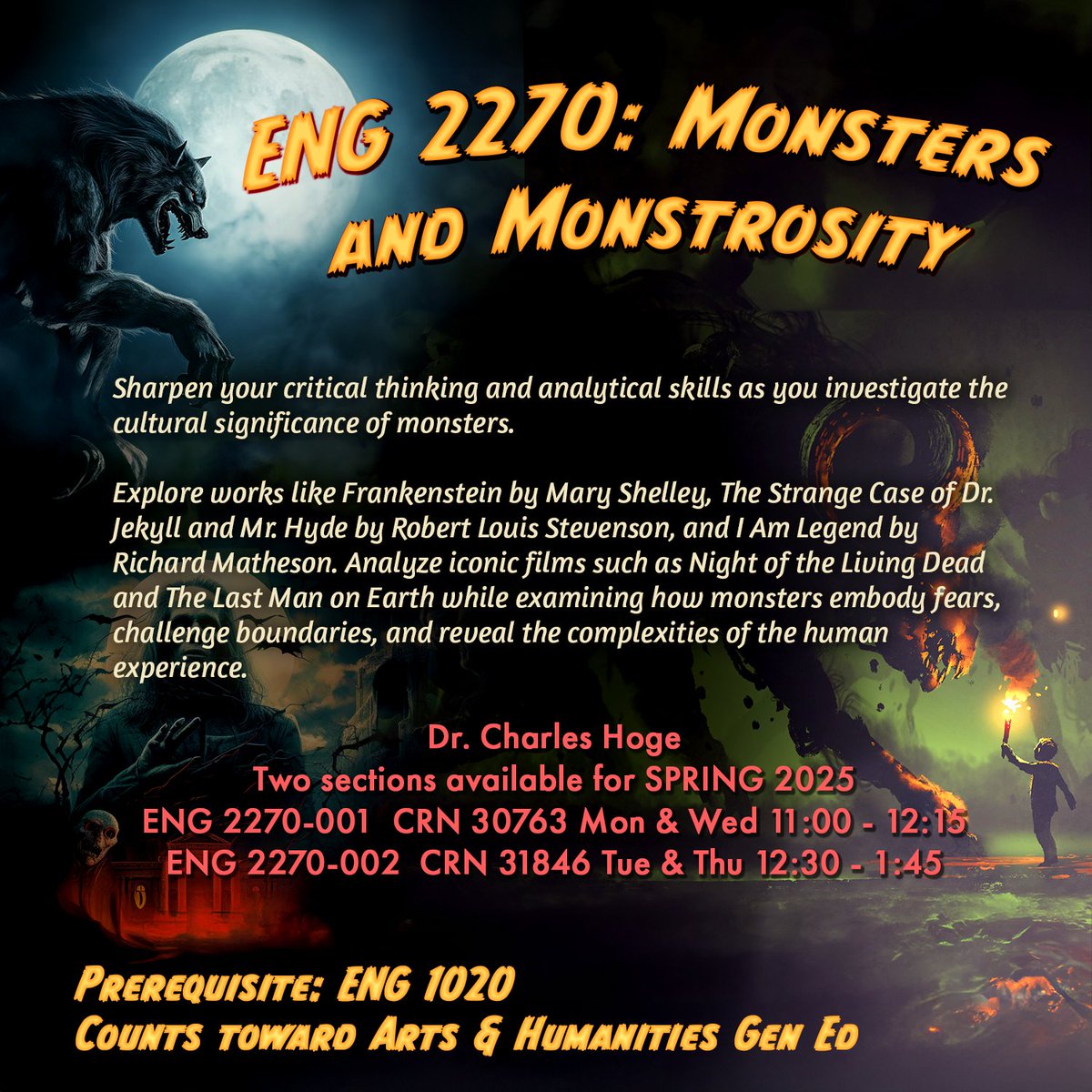 MSUDenverEng's tweet photo. Monsters are everywhere—on your screen, in your favorite stories, and lurking in our cultural fears. This class unpacks why they fascinate us and what they say about humanity. From folklore to cult horror films, discover how the monstrous challenges norms and pushes boundaries. https://t.co/WPu4Gt87w5