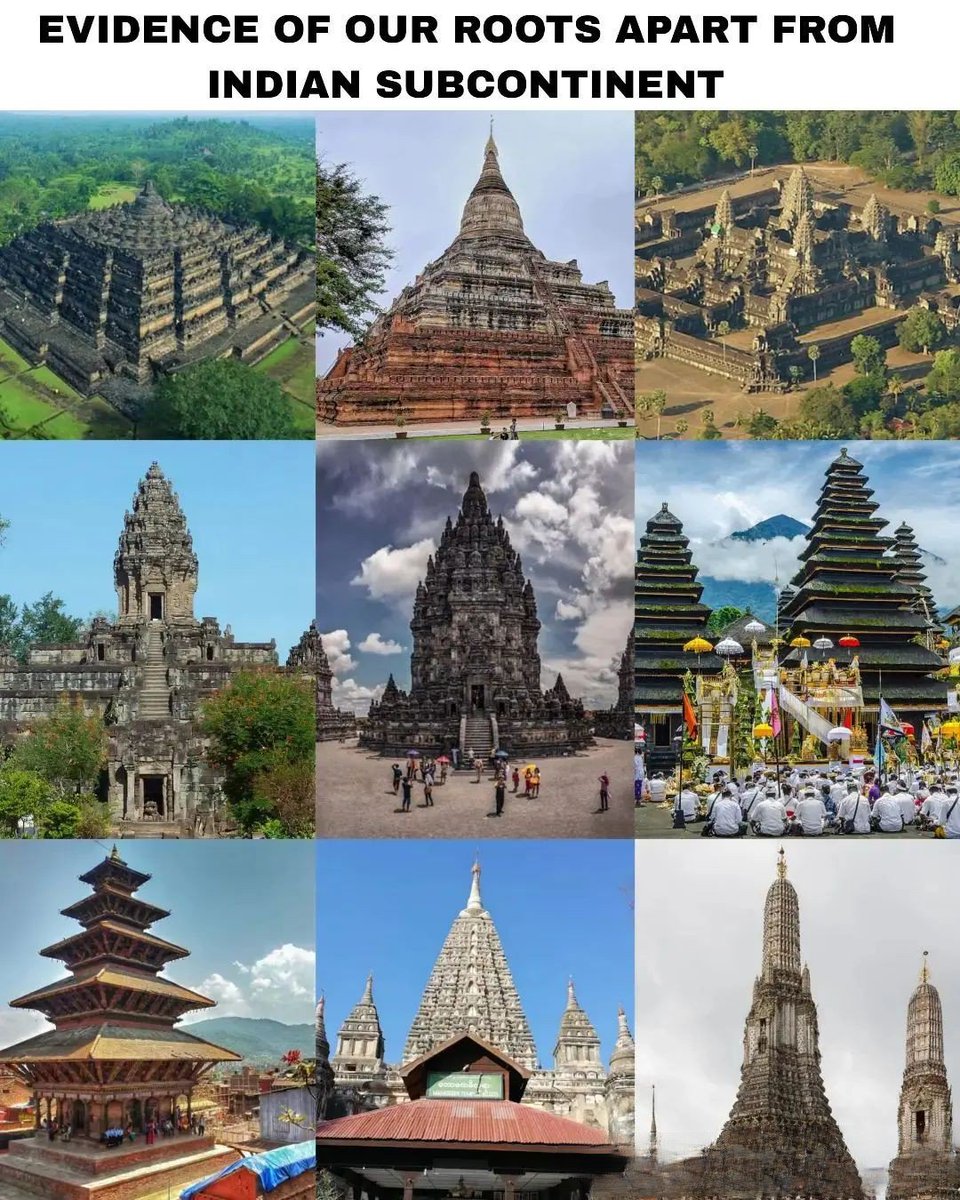 TempleBeauty_'s tweet photo. Evidence of our roots beyond the Indian subcontinent.

Temples as evidence of cultural and spiritual roots beyond the Indian subcontinent. 

◆ Top Row (Left to Right):

🔸1. Borobudur Temple - Central Java, Indonesia
🔸2. Shwemawdaw Pagoda - Bago, Myanmar
���3. Angkor Wat Temple - Angkor, Cambodia

◆ Middle Row (Left to Right):

🔸4. Hariharalaya Temple - Cambodia
🔸5. Prambanan Temple - Yogyakarta, Indonesia
🔸6. Besakih Temple - Bali, Indonesia

◆ Bottom Row (Left to Right):

🔸7. Nyatapola Temple - Bhaktapur, Nepal
🔸8. Mahabodhi Temple - Bagan, Myanmar
🔸9. Wat Arun Temple - Bangkok, Thailand