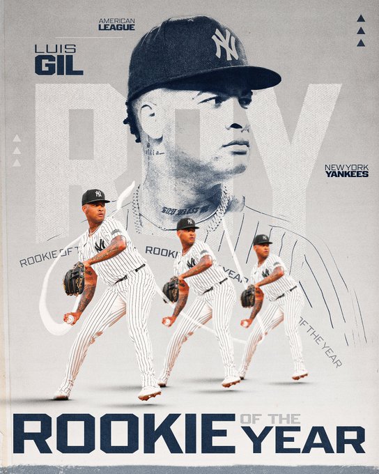 Luis Gil - American League Rookie of the Year Pictured: Three cutouts of Luis Gil pitching stagger downward (from left to right) in size. A larger headshot of Gil fills the gray background. He wears a home Yankees uniform.