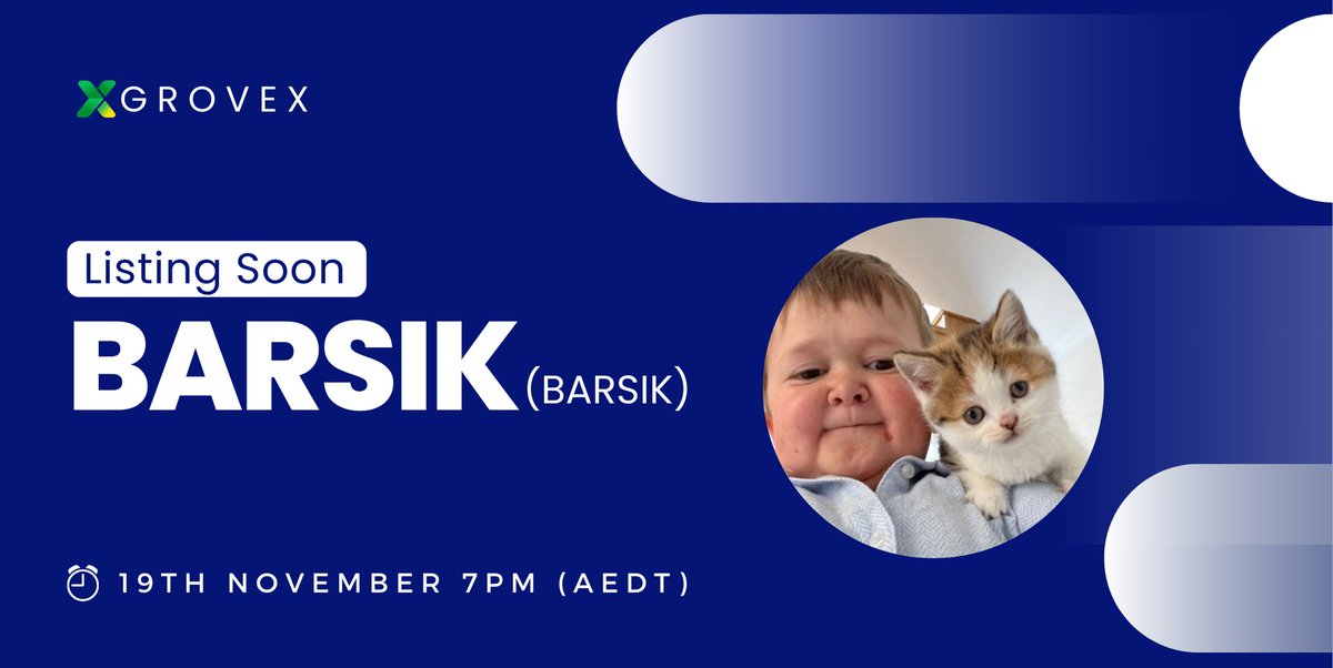 GroveXchange's tweet photo. π Listing Soon: @BarsikOnSolana ($BARSIK) on GroveX! π
Deposits Open: Now
Trading Begins: 19th November at 7:00 PM AEST / 9:00 AM UTC / 5:00 AM EST
π More Info: https://t.co/7FIj3Iwjoz
About #BARSIK: BARSIK is a tribute token on the Solana blockchain, dedicated to memorializing Hasbullaβs beloved cat, Barsik. Celebrate and honor the legacy of a cherished pet within the crypto community.
#BARSIK #Crypto #MemorialToken #Solana #GroveX