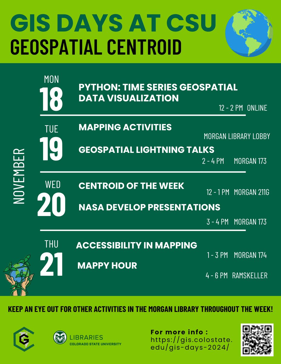 Geospatial Centroid (@centroid_csu) on Twitter photo It's finally here - the holiday of our people, Map Nerds.
Join us this week for some GIS Day events at <a href="/ColoradoStateU/">Colorado State University</a> <a href="/CSUMorganLib/">Colorado State University Libraries</a>
We have a little something for everyone.
Details here:
gis.colostate.edu/gis-days-2024/
#gisday #gisday2024
#geospatialcentroid
#giscolorado It's finally here - the holiday of our people, Map Nerds.
Join us this week for some GIS Day events at <a href="/ColoradoStateU/">Colorado State University</a> <a href="/CSUMorganLib/">Colorado State University Libraries</a>
We have a little something for everyone.
Details here:
gis.colostate.edu/gis-days-2024/
#gisday #gisday2024
#geospatialcentroid
#giscolorado