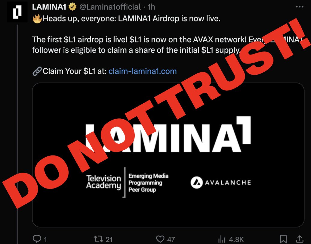 For anyone here following me from <a href="/Lamina1official/">LAMINA1</a> –– this account was compromised about 12 hrs ago and is posting a nefarious wallet-draining link. 

DO NOT CLICK ON IT. Help us out by reporting the post and spreading the word while we petition Twitter to regain access &amp; delete