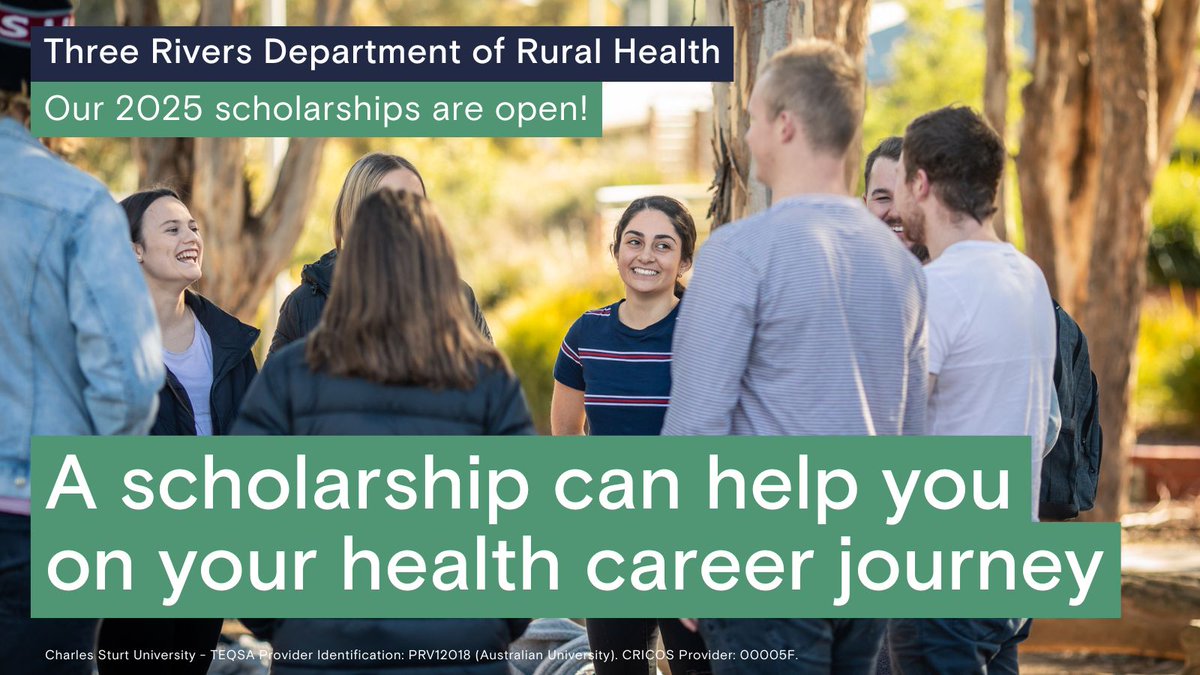 ThreeRiversDRH's tweet photo. Applications for our 2025 #scholarships for commencing and continuing health students are open! π€©
π More info and apply now at https://t.co/Q0J3wgNTYw Apps close 17 Jan 2025. #LiveStudyWorkRural #ruralhealth @CharlesSturtUni https://t.co/LGmqA0eIAu