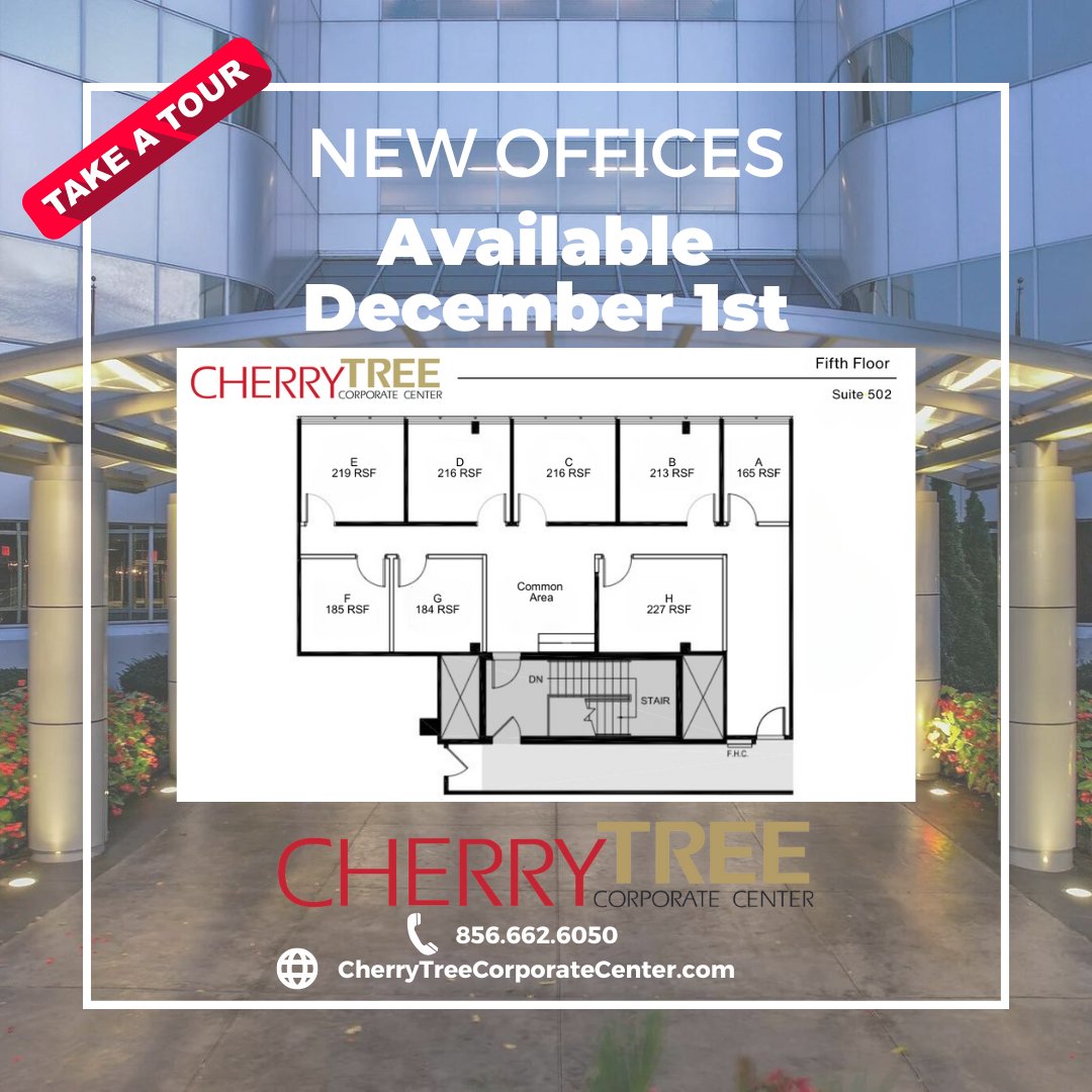 🚨Suite 502🚨
Newly Renovated! 8 Offices. Beautiful common area. Photos &amp; videos coming soon.
#CherryTree #CherryTreeCorporateCenter #CherryHillNJ #SmallBiz
