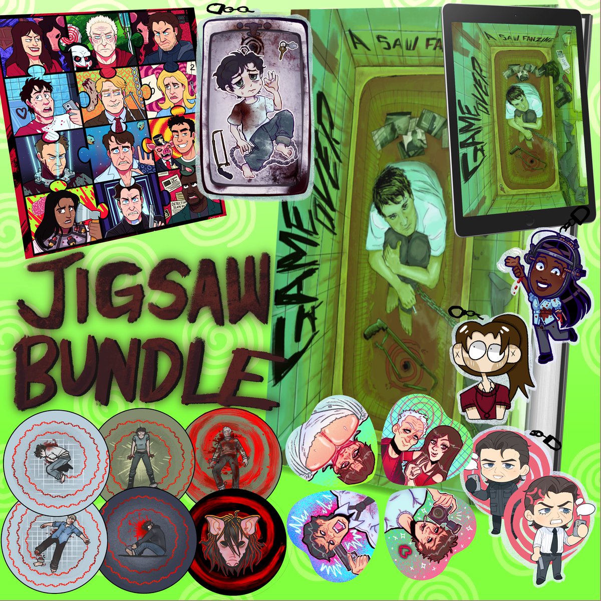 sawzinegameover's tweet photo. 🧩10 DAYS REMAIN TO PRE-ORDER A COPY OF OUR ZINE !! Take a look at our biggest available bundle and feel enchanted ! ⛓️ All items including the zine are also available to purchase separately ! Accepting US + WORLDWIDE orders 💚 https://t.co/Iiqc243mn5