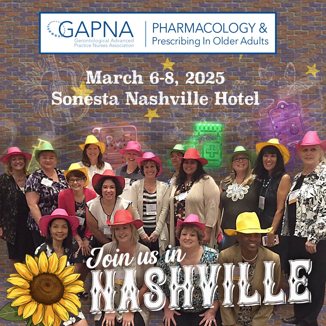 Gerontological APNs (@gapna_hq) on Twitter photo Registration for GAPNA's 2025 Pharmacology Conference is now OPEN! Join us in Nashville and earn up to 11.5 NCPD contact hours.  Early bird pricing ends 2/8.
Learn more & register👇
gapna.org/pharm 
#gerontology #geronurse #nursingconference #nursepractitioner Registration for GAPNA's 2025 Pharmacology Conference is now OPEN! Join us in Nashville and earn up to 11.5 NCPD contact hours.  Early bird pricing ends 2/8.
Learn more & register👇
gapna.org/pharm 
#gerontology #geronurse #nursingconference #nursepractitioner