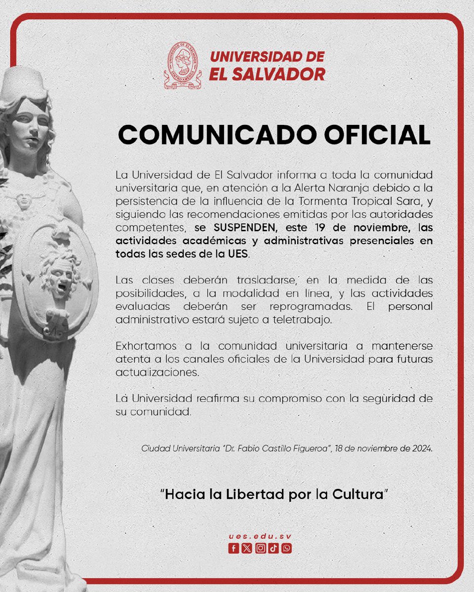 UESoficial's tweet image. 📢 COMUNICADO OFICIAL: #LaUES informa la suspensión de actividades académicas y administrativas. 

 🛑 Sigue pendiente de nuestras redes y medios oficiales para futuras actualizaciones. Recuerda que esta medida es temporal y se restablecerán las actividades en cuanto sea posible.