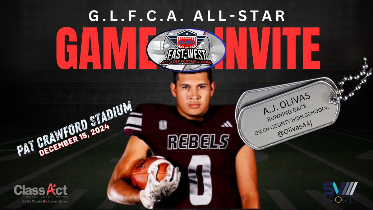🚨<a href="/GLFCA1/">GLFCA</a> EAST VS. WEST ALL-STAR FOOTBALL GAME🚨
DATE: DECEMBER 15, 2024
LOCATION: <a href="/Ballard_Bruins/">Ballard Bruin Athletics</a> (LOUISVILLE, KY)

☆Congrats to RB <a href="/Olivas4Aj/">Aj Olivas</a> of <a href="/Rebels_OCFB/">Rebels Football</a> on his OFFICIAL INVITE to the 2024 GLFCA East vs. West All-Star Football Game☆

*FURTHER DETAILS SHARED LATER*