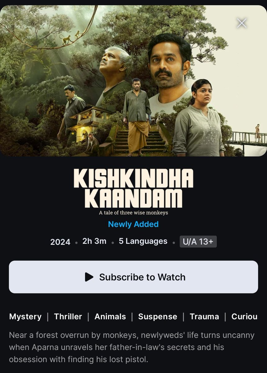 Ott_updates's tweet photo. 🔔 Malayalam movie #KishkindhaKaandam (2024) now streaming on Disney+ Hotstar.

Starring - Asif Ali, Vijayaraghavan, Abarna Balamurali, Ashokan &amp; Jagadish.

Audios - Malayalam (Original), Tamil, Telugu, Kannada &amp; Hindi.

#KishkindhaKaandamOnHotstar https://t.co/Wb4v7RQB50