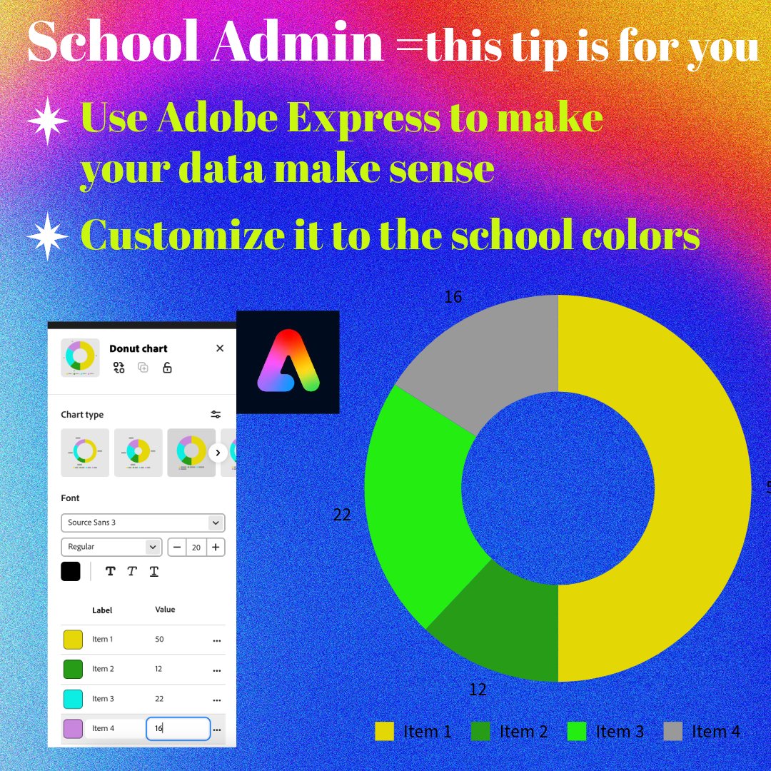 Tips for Admin today: Make your DATA clear!  Ditch Spreadsheets and up your charts and graphs game - with <a href="/AdobeExpress/">Adobe Express</a>  #adobeEduCreate @adobeEdu 
#datanerd