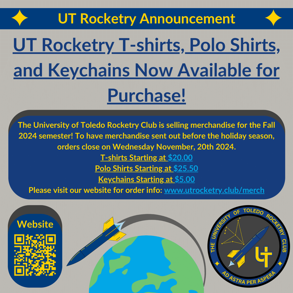 utrocketry's tweet image. UT Rocketry Merch is NOW available! Please visit our website to order UT Rocketry merchandise for the Fall 2024 Semester: utrocketry.club/merch. Go Rockets, Go Hyperion🚀