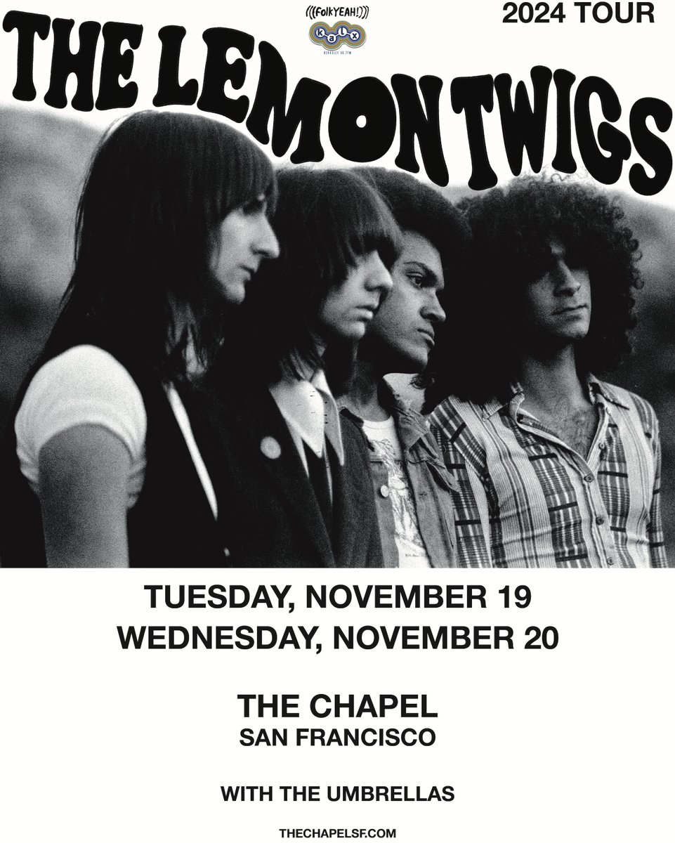 The Chapel (@thechapelsf) on Twitter photo Our two night run with <a href="/thelemontwigs/">The Lemon Twigs</a> + <a href="/theumbrellassf/">the umbrellas</a> is coming up this Tuesday, November 19 & Wednesday, November 20! 💥💥 Be sure to get your tickets soon! Presented by <a href="/KALXradio/">KALX Berkeley</a> & <a href="/folkYEAHevents/">(((folkYEAH!)))</a>: tinyurl.com/4nfej6hk Our two night run with <a href="/thelemontwigs/">The Lemon Twigs</a> + <a href="/theumbrellassf/">the umbrellas</a> is coming up this Tuesday, November 19 & Wednesday, November 20! 💥💥 Be sure to get your tickets soon! Presented by <a href="/KALXradio/">KALX Berkeley</a> & <a href="/folkYEAHevents/">(((folkYEAH!)))</a>: tinyurl.com/4nfej6hk