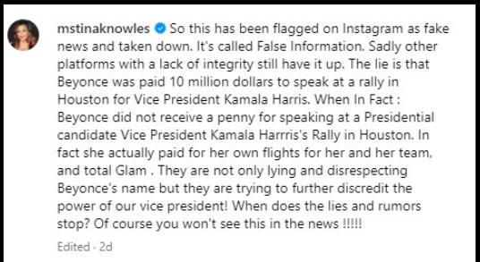 Beyonce's mother Tina Knowles just couldn't wait to go after Candace Owens for a very brief post sharing allegations that Beyonce got a huge payout from Kamala's campaign to speak at her really.   This Information had already been posted or commented on by numerous other