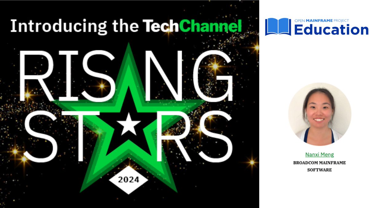 OpenMFProject's tweet image. Congratulations to @OpenMFProject #MainframeOpenEducation leader Nanxi Meng from @BroadcomMSD for being named a 2024 @TechChannelHQ Rising Star. Learn more about the award and meet other stars here:  hubs.la/Q02YDX1l0 #OpenMainframe