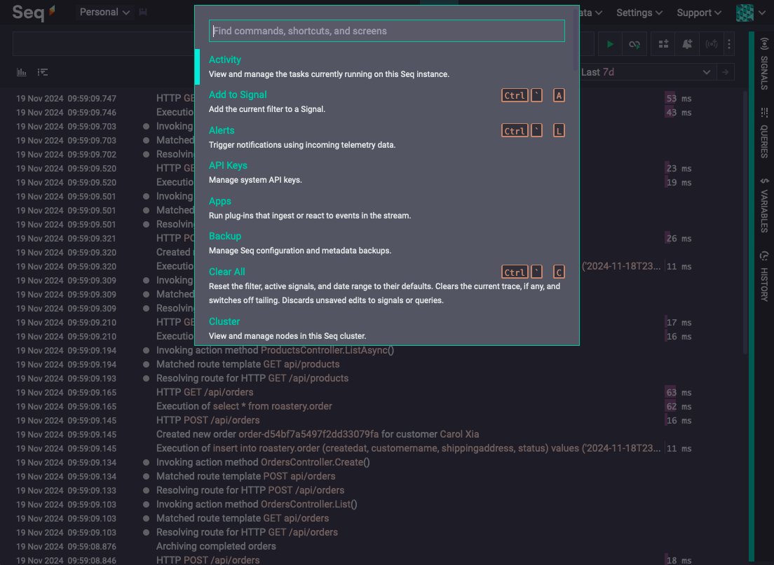 datalust_seq's tweet image. We love command palettes in the dev tools we use!

In the upcoming Seq 2025.1 release we&apos;re adding a universal command palette with quick links to screens, context-specific actions, and (new) keyboard shortcuts.

😎
