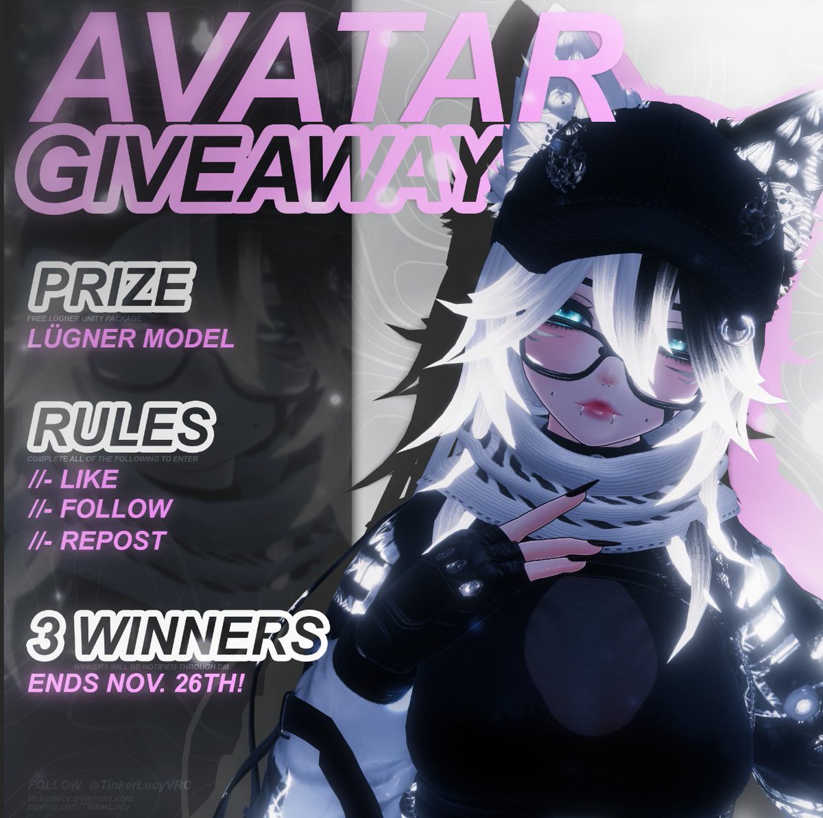 #VRChat Avatar #Giveaway time! 🩶🖤 

Thankchu so much for the amazing support on my newest model "Lügner!" 🎉

3 winners will receive 1x unity package of "Lügner" 

To enter: Retweet + Like + Follow <a href="/TinkerLucyVRC/">TinkerLucy</a> 
Ends: 26th November