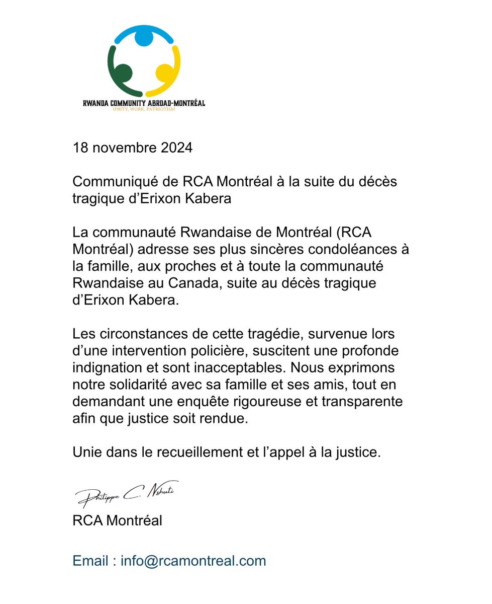 RCA Montreal exprime sa solidarité dans le recueillement et l’appel à la JUSTICE de <a href="/erixonkabera/">Erixon</a> 

#JusticeForErixon 
#BLM