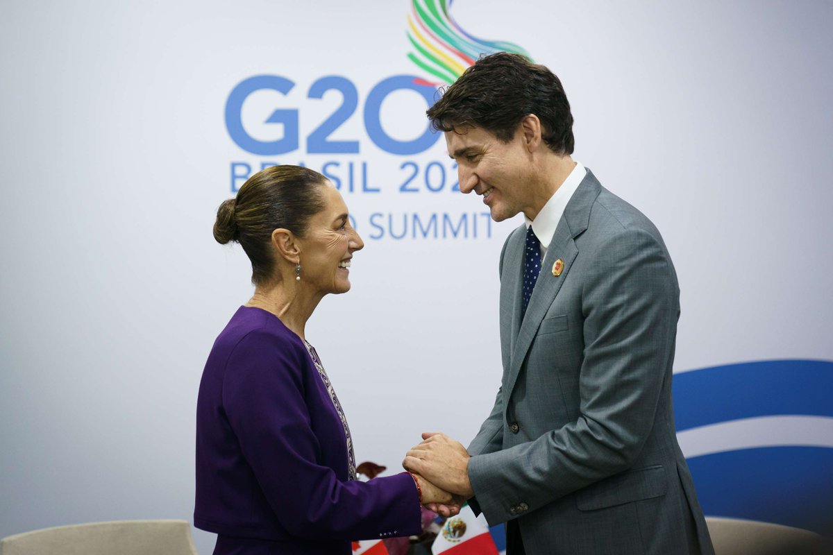 At the #G20 Summit, Prime Minister Trudeau met with the President of Mexico, Claudia Sheinbaum. The leaders underscored the Canada-United States-Mexico Agreement and the strong trade and investment relationship between our countries. Summary of discussion: ow.ly/wlBl50U9BQW