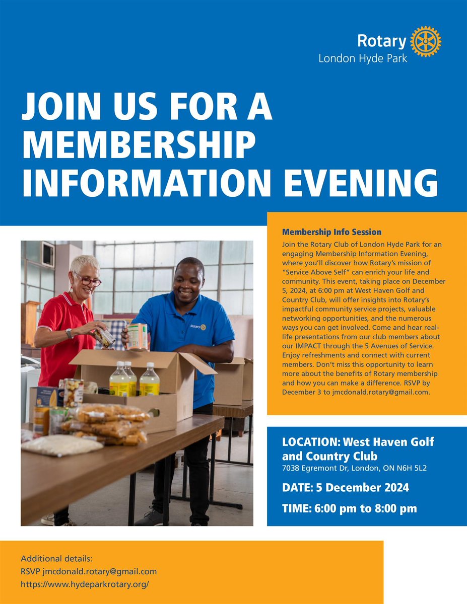 HydeParkRotary (@hyderotary) on Twitter photo Join us for a Membership Information Evening!
Learn about Rotary's impactful community service projects and explore valuable networking opportunities
π
Dec 5, 2024
β° 6-8 PM
π West Haven Golf & Country Club,
π RSVP by Dec 3: jmcdonald.rotary@gmail.com
#Rotary #LdnOnt Join us for a Membership Information Evening!
Learn about Rotary's impactful community service projects and explore valuable networking opportunities
π
Dec 5, 2024
β° 6-8 PM
π West Haven Golf & Country Club,
π RSVP by Dec 3: jmcdonald.rotary@gmail.com
#Rotary #LdnOnt