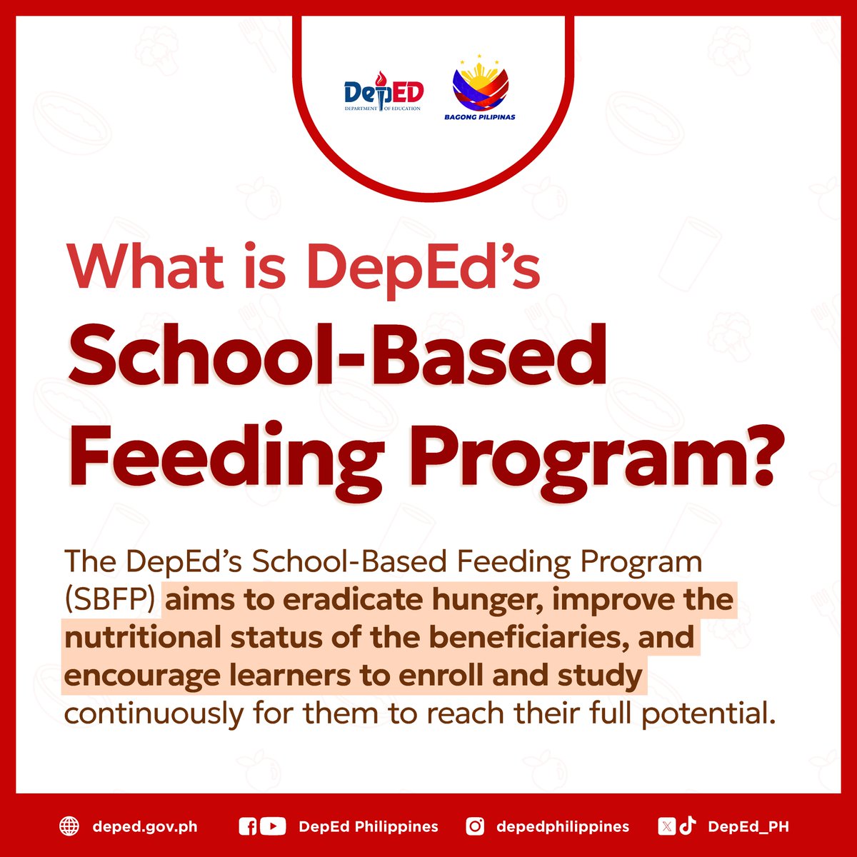 DepEd_PH's tweet photo. The DepEd’s School-Based Feeding Program (SBFP) continues to provide nourishment and nutrition for our learners. Here are some good-to-knows from DepEd's #SBFP.
#DepEdPhilippines #BagongPilipinas https://t.co/nS6kaB8YFp