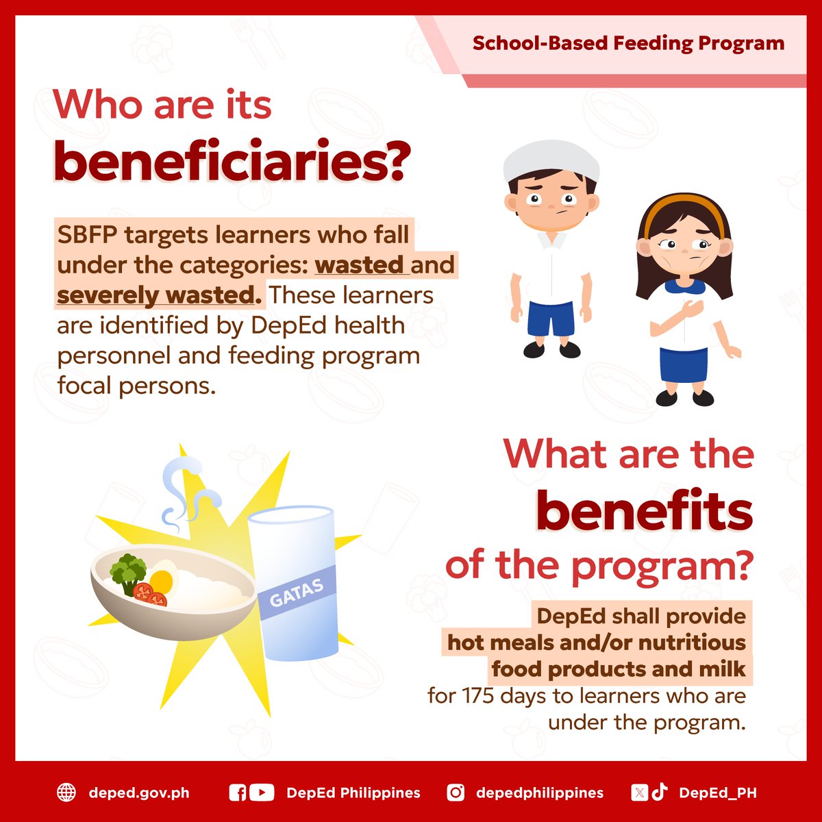 DepEd_PH's tweet photo. The DepEd’s School-Based Feeding Program (SBFP) continues to provide nourishment and nutrition for our learners. Here are some good-to-knows from DepEd's #SBFP.
#DepEdPhilippines #BagongPilipinas https://t.co/nS6kaB8YFp