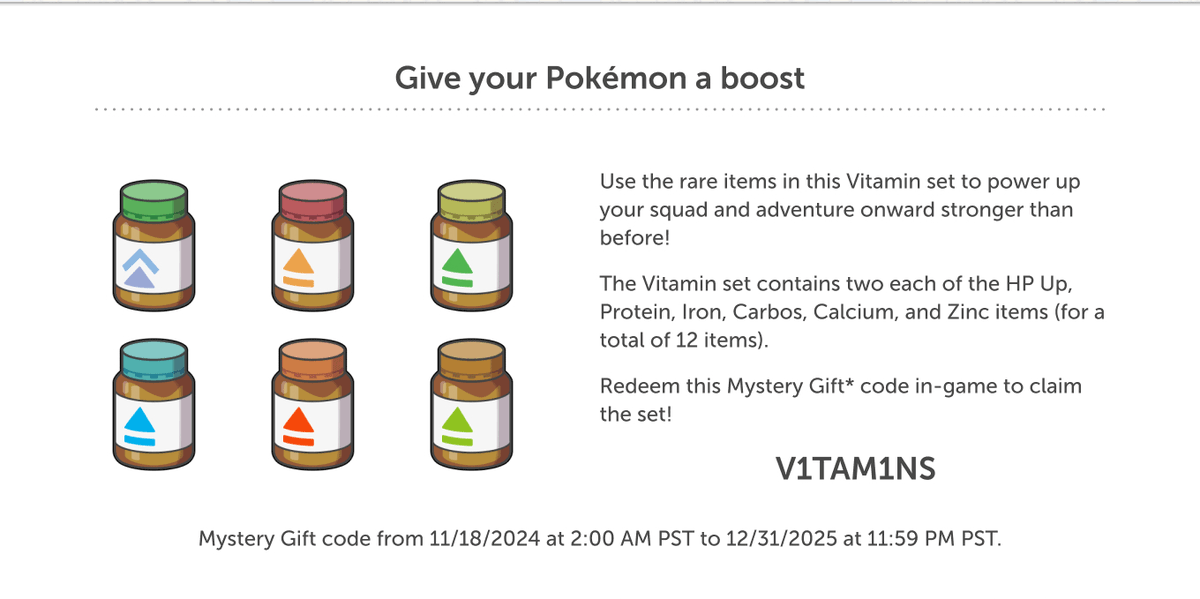 pokexperto's tweet photo. Nuevos códigos de Regalo Misterioso en Pokémon Escarlata y Púrpura:

➡️ ELEMENTST0NES
➡️ C0SM1CST0NES
➡️ V1TAM1NS
📆 18 de noviembre de 2024 a 31 de diciembre de 2025 https://t.co/jN4P0tHBJR