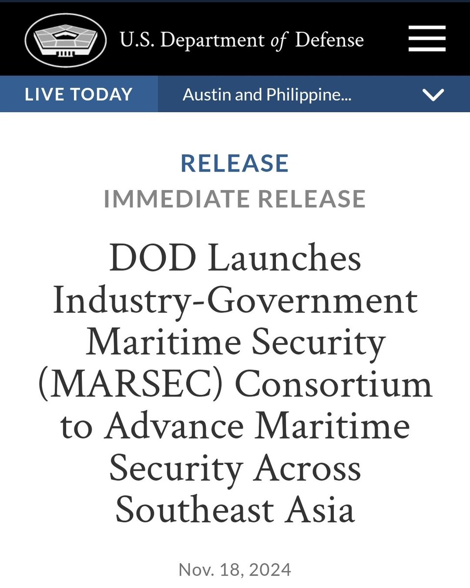 Charlie B (@supbrow) on Twitter photo DOD Launches Industry-Government "MARSEC Consortium" to Advance #MaritimeSecurity Across Southeast Asia
$95 mil annually for identifying "low-cost, commercially available solutions"
<a href="/DIU_x/">DefenseInnovationUnit</a>
defense.gov/News/Releases/…
<a href="/MarSec_Bradford/">John Bradford</a> <a href="/zach_ota/">Zach Ota</a> <a href="/maphumanintent/">HUNTSMAN 🇺🇲</a> DOD Launches Industry-Government "MARSEC Consortium" to Advance #MaritimeSecurity Across Southeast Asia
$95 mil annually for identifying "low-cost, commercially available solutions"
<a href="/DIU_x/">DefenseInnovationUnit</a>
defense.gov/News/Releases/…
<a href="/MarSec_Bradford/">John Bradford</a> <a href="/zach_ota/">Zach Ota</a> <a href="/maphumanintent/">HUNTSMAN 🇺🇲</a>
