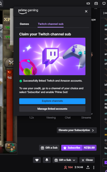 acejay1's tweet photo. @TwitchSupport I can not use my prime subscription even though I have prime video/gaming linked. There is no checkbox to select 'use prime sub'. Live chat says talk to amazon, amazon says talk to twitch. https://t.co/dSeK6FxcDa