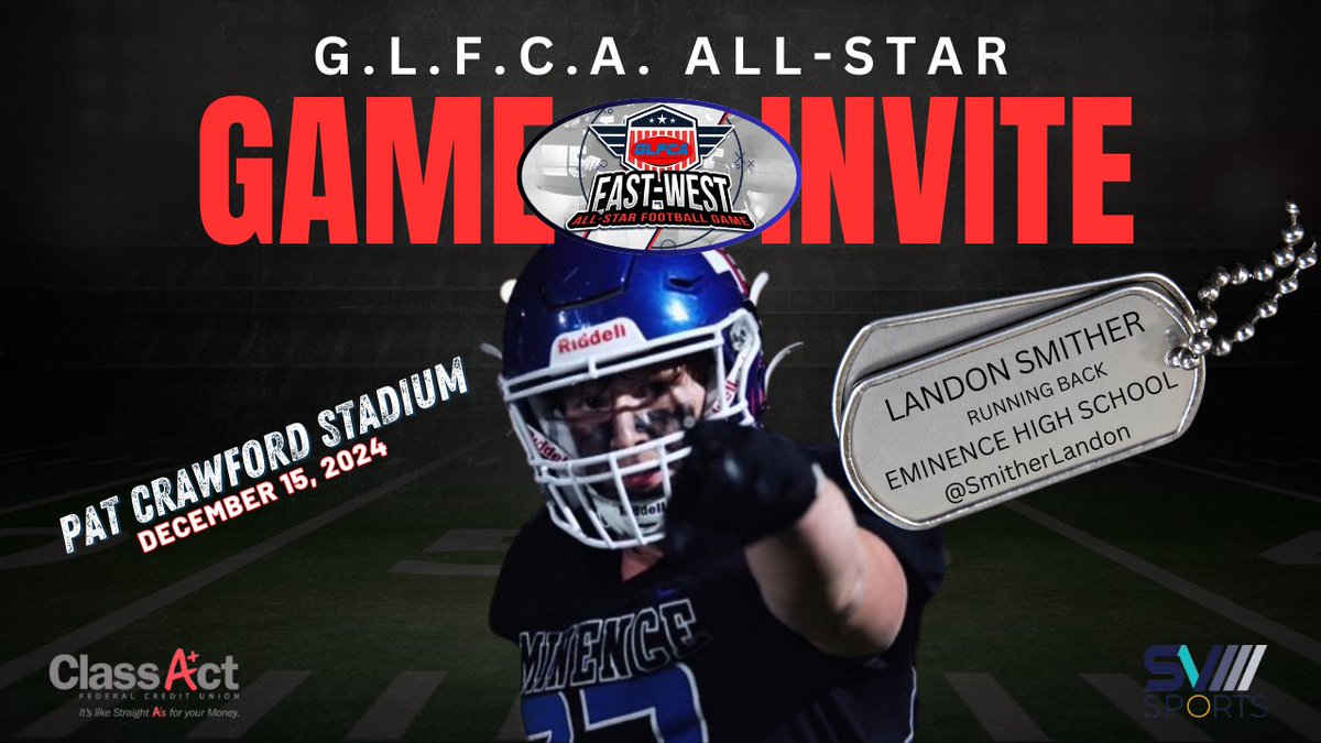 Building Lives Through Sports Network (@blts_network) on Twitter photo šØ<a href="/GLFCA1/">GLFCA</a> EAST VS. WEST ALL-STAR FOOTBALL GAMEšØ
DATE: DECEMBER 15, 2024
LOCATION: <a href="/Ballard_Bruins/">Ballard Bruin Athletics</a> (LOUISVILLE, KY)
āCongrats to RB <a href="/SmitherLandon/">Landon Smither</a> of <a href="/EminenceFball/">Eminence Warriors Football</a> on his OFFICIAL INVITE to the 2024 GLFCA East vs. West All-Star Football Gameā
*FURTHER DETAILS SHARED LATER* šØ<a href="/GLFCA1/">GLFCA</a> EAST VS. WEST ALL-STAR FOOTBALL GAMEšØ
DATE: DECEMBER 15, 2024
LOCATION: <a href="/Ballard_Bruins/">Ballard Bruin Athletics</a> (LOUISVILLE, KY)
āCongrats to RB <a href="/SmitherLandon/">Landon Smither</a> of <a href="/EminenceFball/">Eminence Warriors Football</a> on his OFFICIAL INVITE to the 2024 GLFCA East vs. West All-Star Football Gameā
*FURTHER DETAILS SHARED LATER*