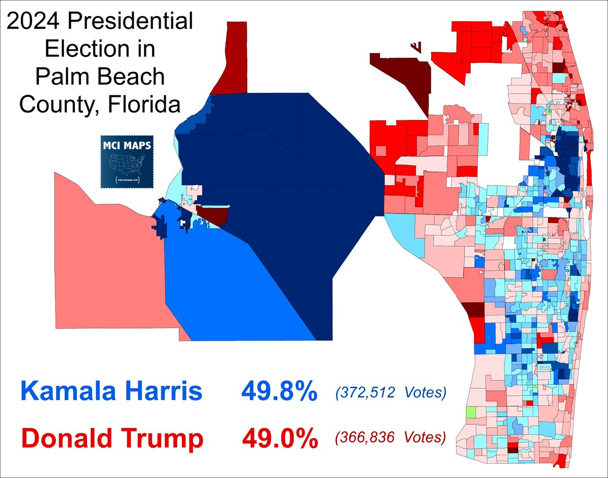 MappingFL's tweet image. Palm Beach County went from voting for Biden by 13% to backing Harris by just under 1% of the vote

Harris lost massive ground with Hispanic voters.  the majority-Hispanic HD89 went from Biden +19 to Harris +1.

How Jewish voters swung will require a bit more digging #flapol