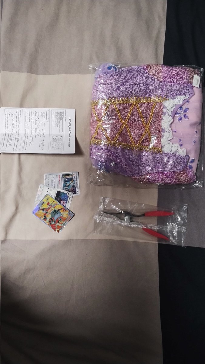 Ok, Which one of you ordered a Princess dress, a pair of pliers, three fake pokemon cards and the instruction manual for a digital clock to my address? I want answers!