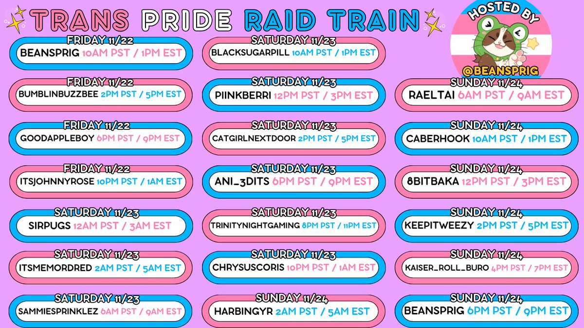 beansprig's tweet photo. ✨ TRANS PRIDE RAID TRAIN ✨

I've brought together some fantastic trans creators to uplift in a raid train from 11/22 - 11/24 !! 

Here is the FULL SCHEDULE!! 

Please join us in celebrating trans joy together!! https://t.co/xRDO7ae8pX