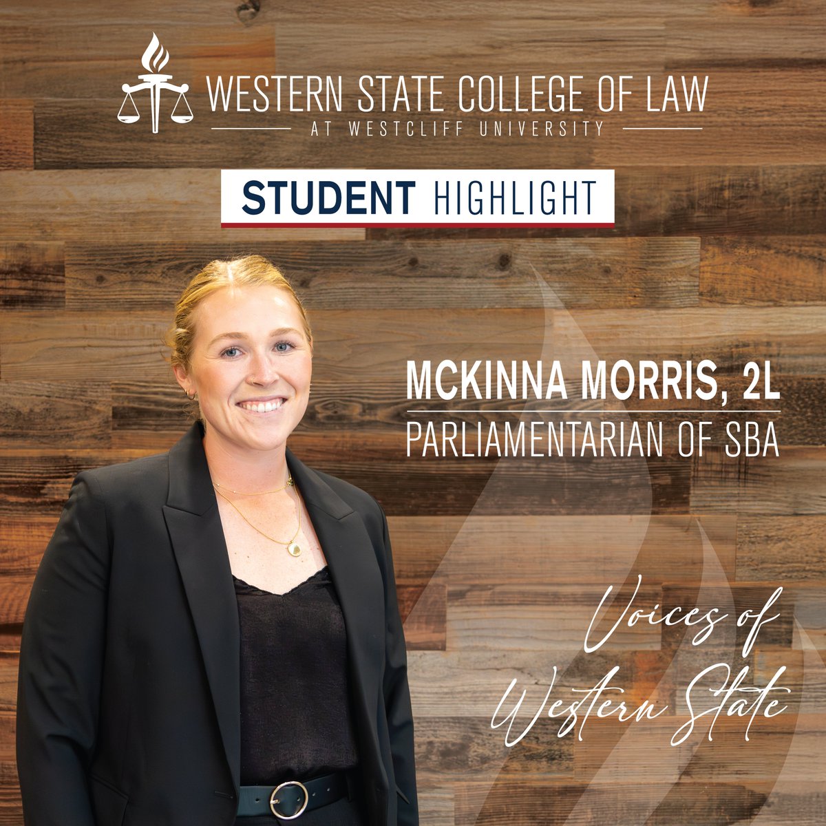 Our final SBA highlight is McKinna Morris, a 2L student at #WesternStateLaw. She is the SBA Parliamentarian and has a passion for Criminal Law. Learn more about her and hear her advice to law students, here: wsulaw.edu/news/meet-your…

#WesternStateProud #SBA #VoicesOfWesternState