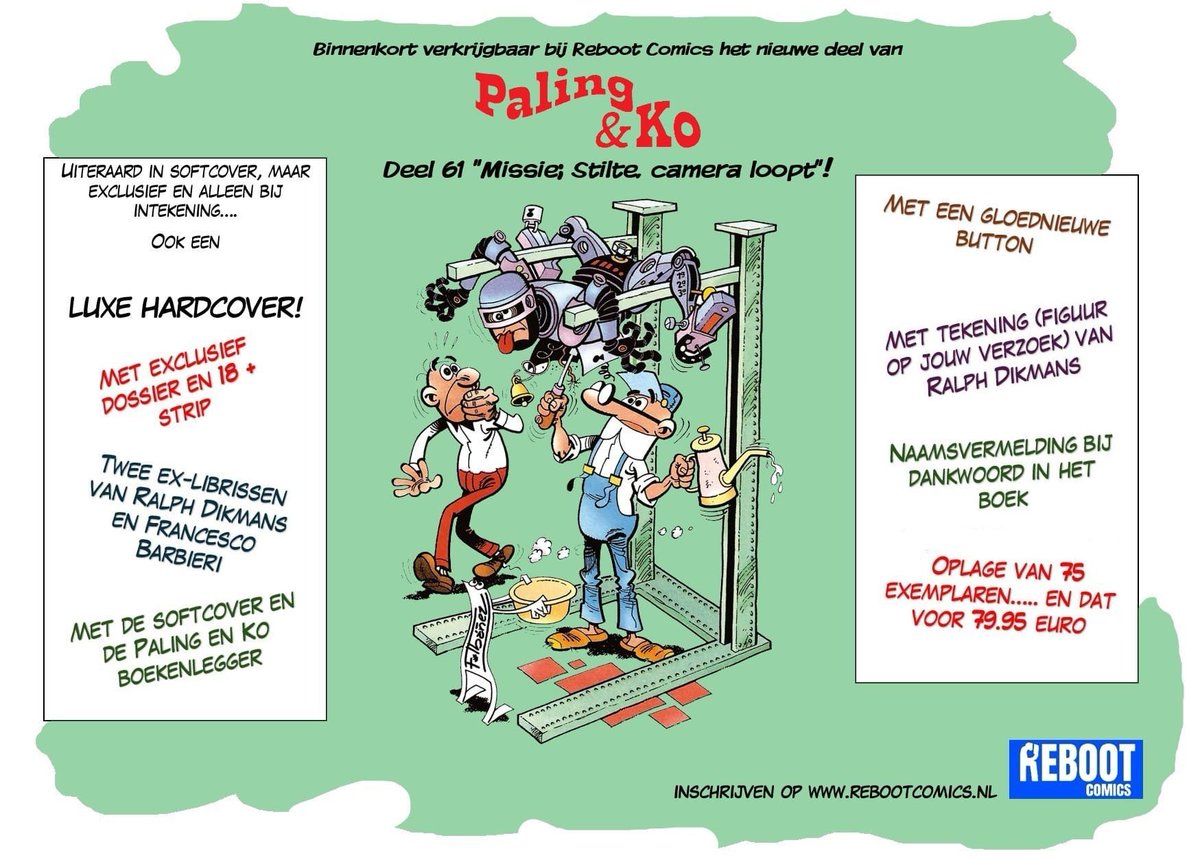 stripland_BENL's tweet photo. Deel 61 van #Paling & Ko is klaar voor opnames bij #RebootComics. Naast de softcover komt er ook een HC en Luxe met unieke extra's. Om die te bekomen, bestel je jouw exemplaar vóór 1 december (!) bij jouw stripwinkel. De oplage zal gebaseerd zijn op de vooruitbestellingen. Doen! https://t.co/X6DWuJE7Su