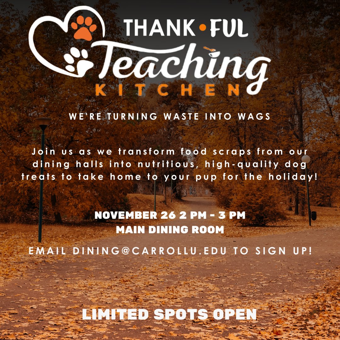 Want to do something special for the doggo in your life? 🐕Join us next Tuesday to make delicious dog treats and help us to minimize campus food waste. Sign up via a short email to dining@carrollu.edu expressing interest. Limited spots available. #carrolludining