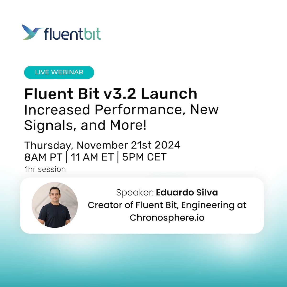 Join us for the live [WEBINAR] Fluent Bit v3.2 Launch: Increased Performance, New Signals, and More. When? Thursday, November 21st, 2024 at 8AM PT / 11AM ET / 5PM CET
Save your seat-&gt; go.chronosphere.io/fluent-bit-v3.…